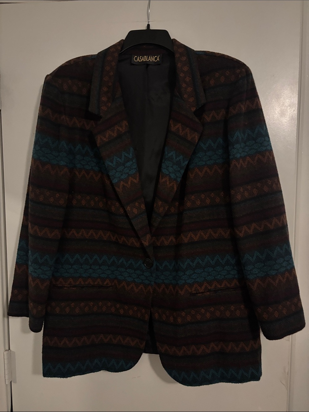 Vintage Women's Southwestern Patterned Wool Blend Blazer- Teal & Brown